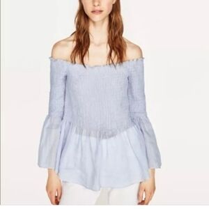 ZARA WOMAN Light Blue Smocked Bell Sleeve Blouse